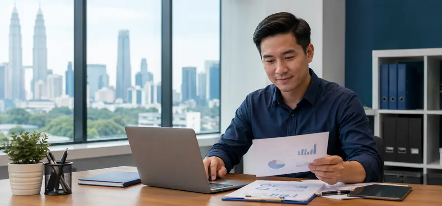 Malaysian SME owner reviewing business documents